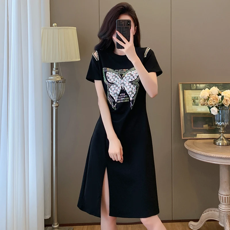 2025夏季新款时尚减龄修身遮肉显瘦收腰气质开叉休闲短袖连衣裙A