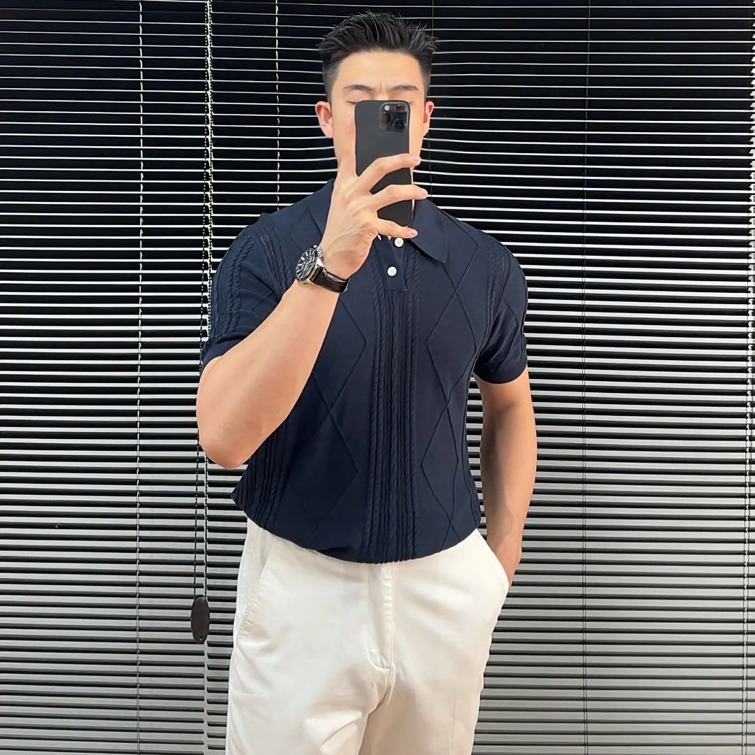 薄款个性休闲短袖POLO衫男士夏季透气老钱风提花针织翻领短袖T恤