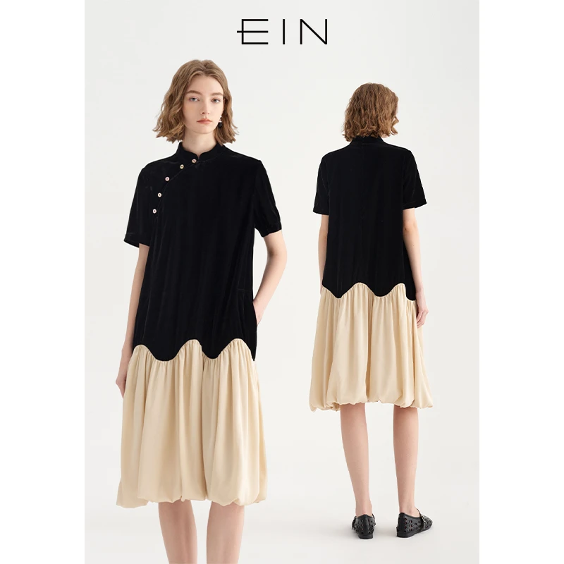 EIN/言轻礼服新中式斜襟乔绒撞料拼接花苞碎褶连衣裙2025春夏新款