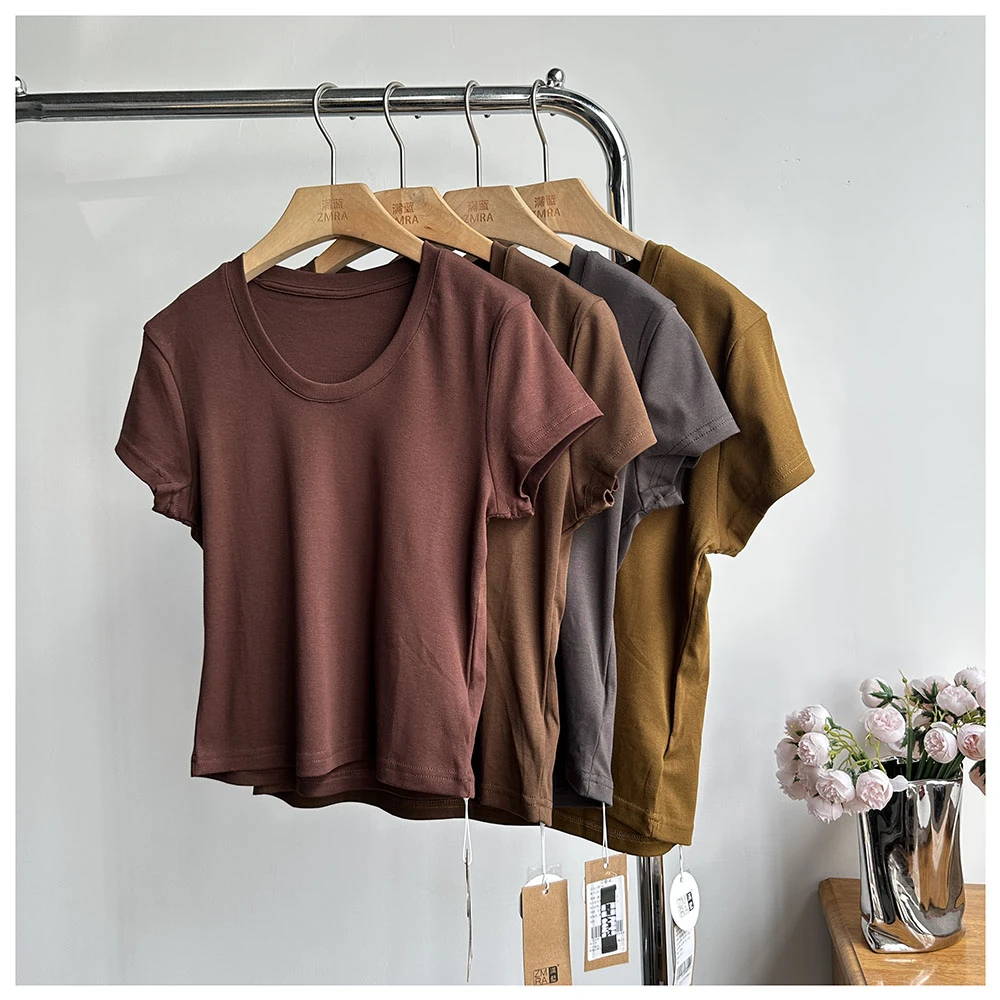 T324夏季新款女士修身短款U领短袖T恤女