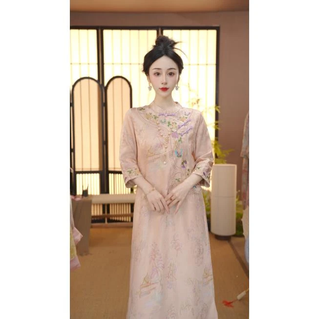 (粉海棠)2025新中式改良中式斜襟春夏季女装宽松连衣裙FB2503262