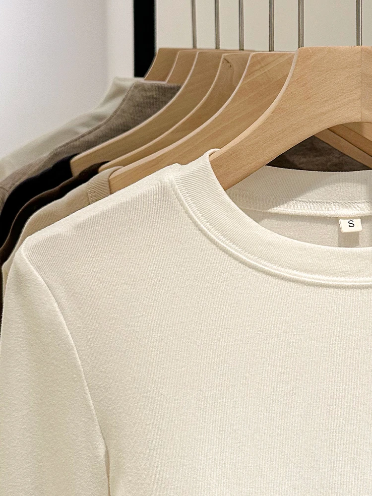 双面德绒打底衫女上衣2025秋冬款白色小圆领修身百搭简约舒适t恤