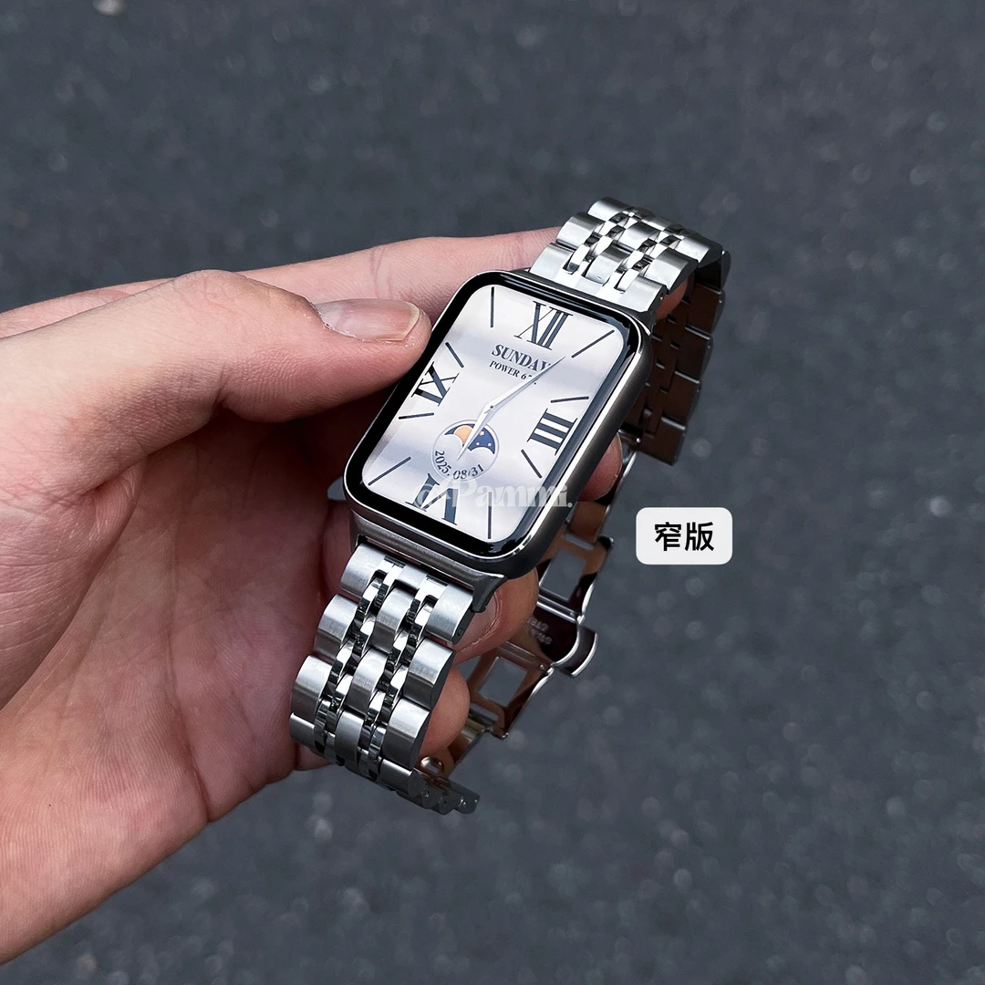 适用小米手环89Pro红米Watch45实心七珠不锈钢双鞍蝴蝶扣小米表带