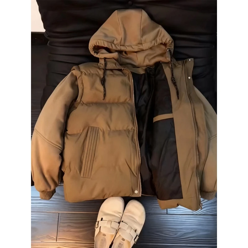 假两件连帽可拆卸马甲棉服男款冬季cleanfit美拉德面包服棉衣外套