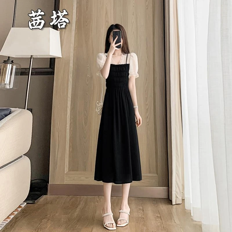 法式黑色雪纺连衣裙女夏季2025新款收腰显瘦气质假两件套a子裙子