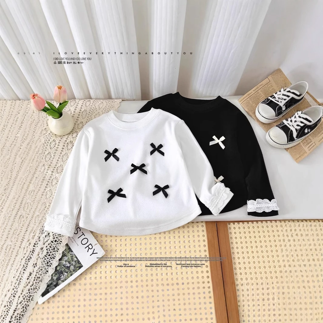 女童2025长袖花边新款春秋儿童洋气打底蝴蝶结花边袖宝宝T恤上衣