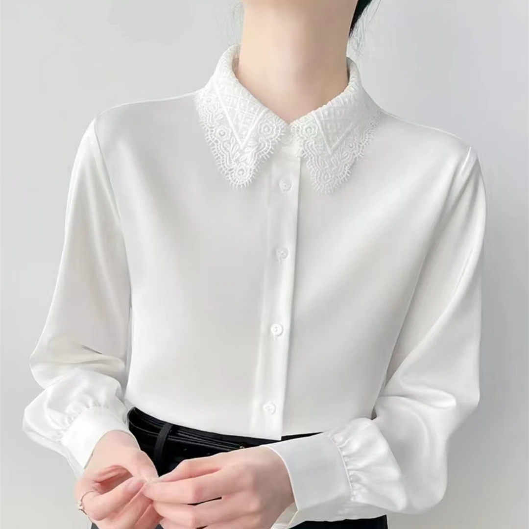 翻领纯色开衫洋气减龄时尚长袖春秋百搭通勤衬衫