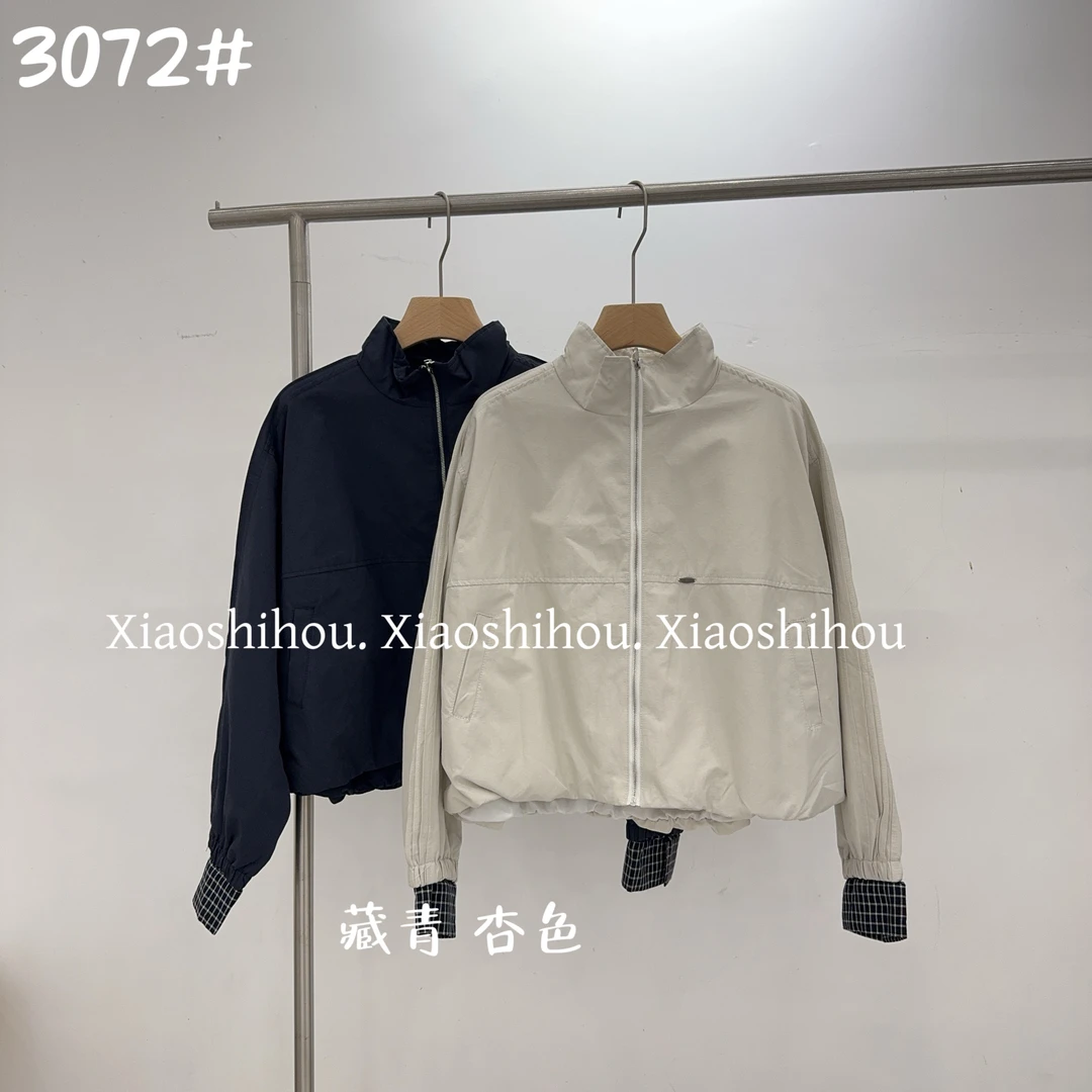 小时候女装店格子袖拉链风衣外套3072