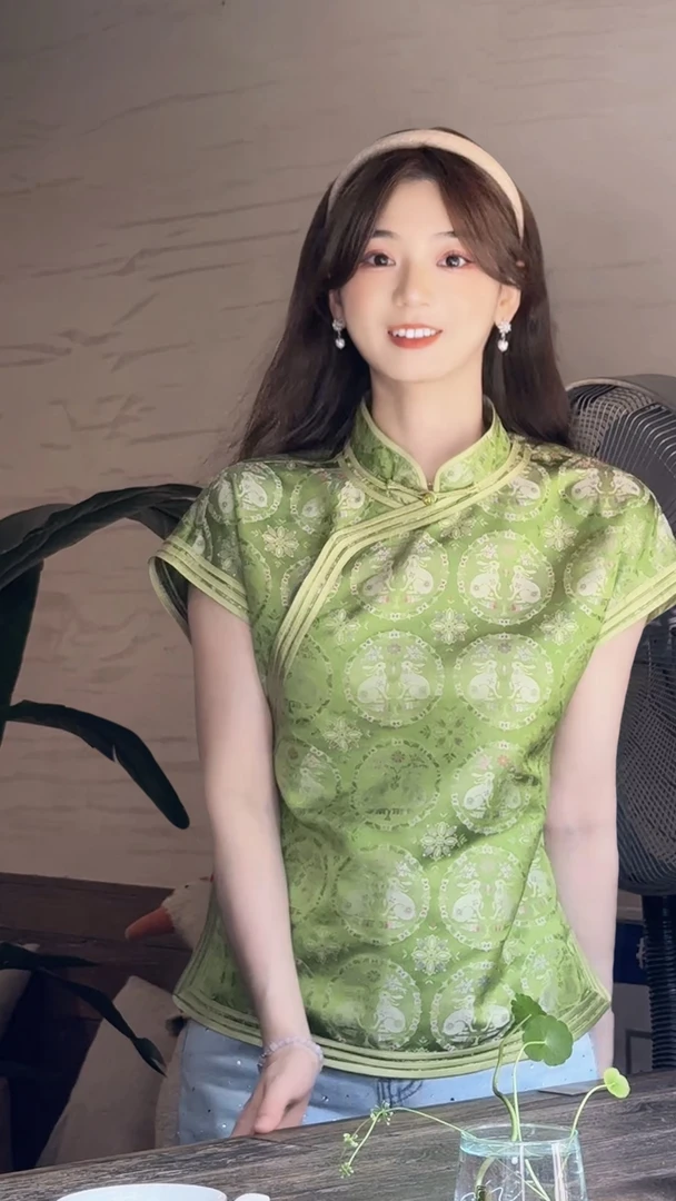 【青眠意】 桑蚕丝国风新中式绿色宋锦团花双兔喜相随小衫25135