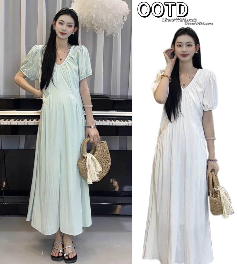 【小清家】2025新款夏季孕妇连衣裙设计感V领显瘦孕期大码女长款