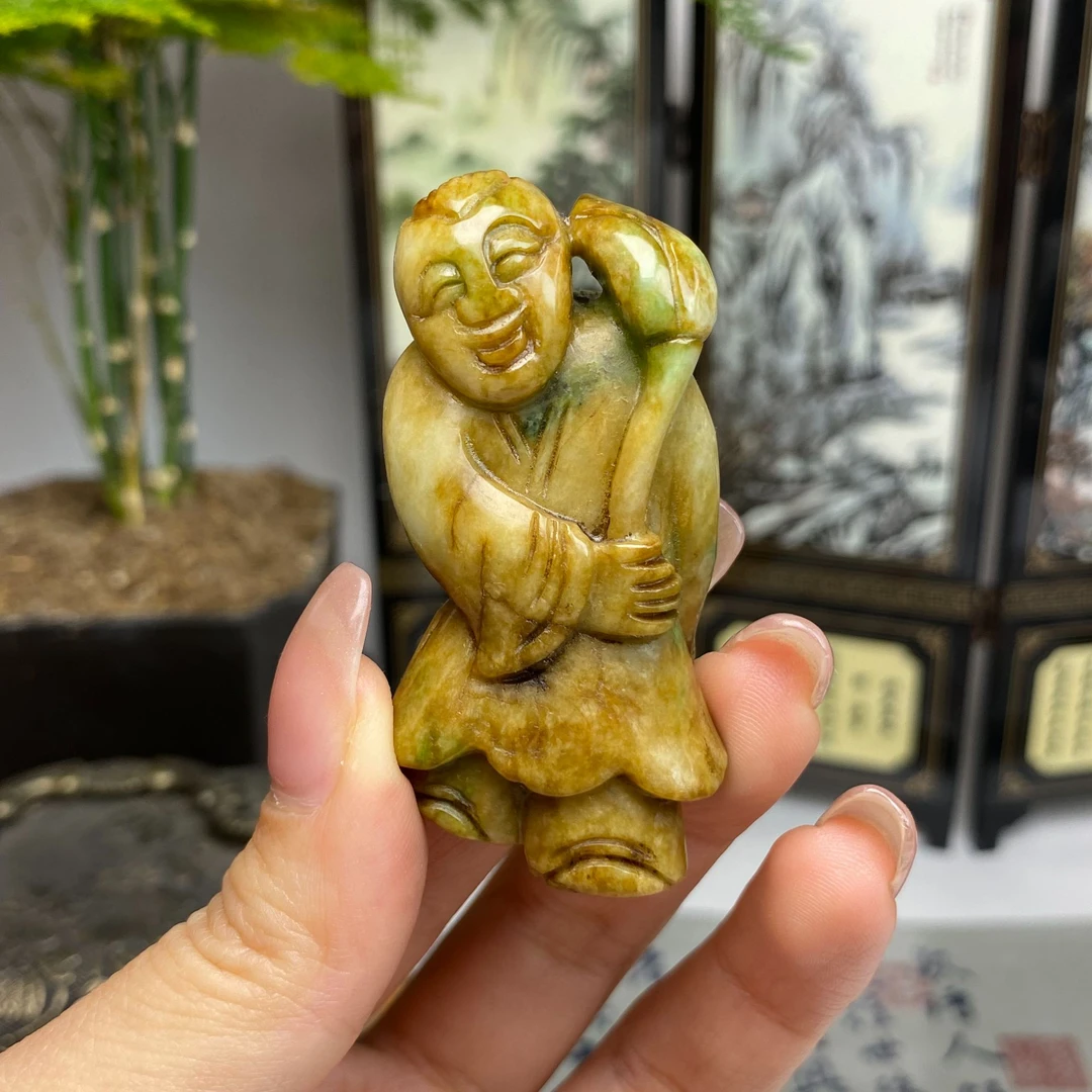 老料黄加绿童子挂件手把件 天然翡翠A货