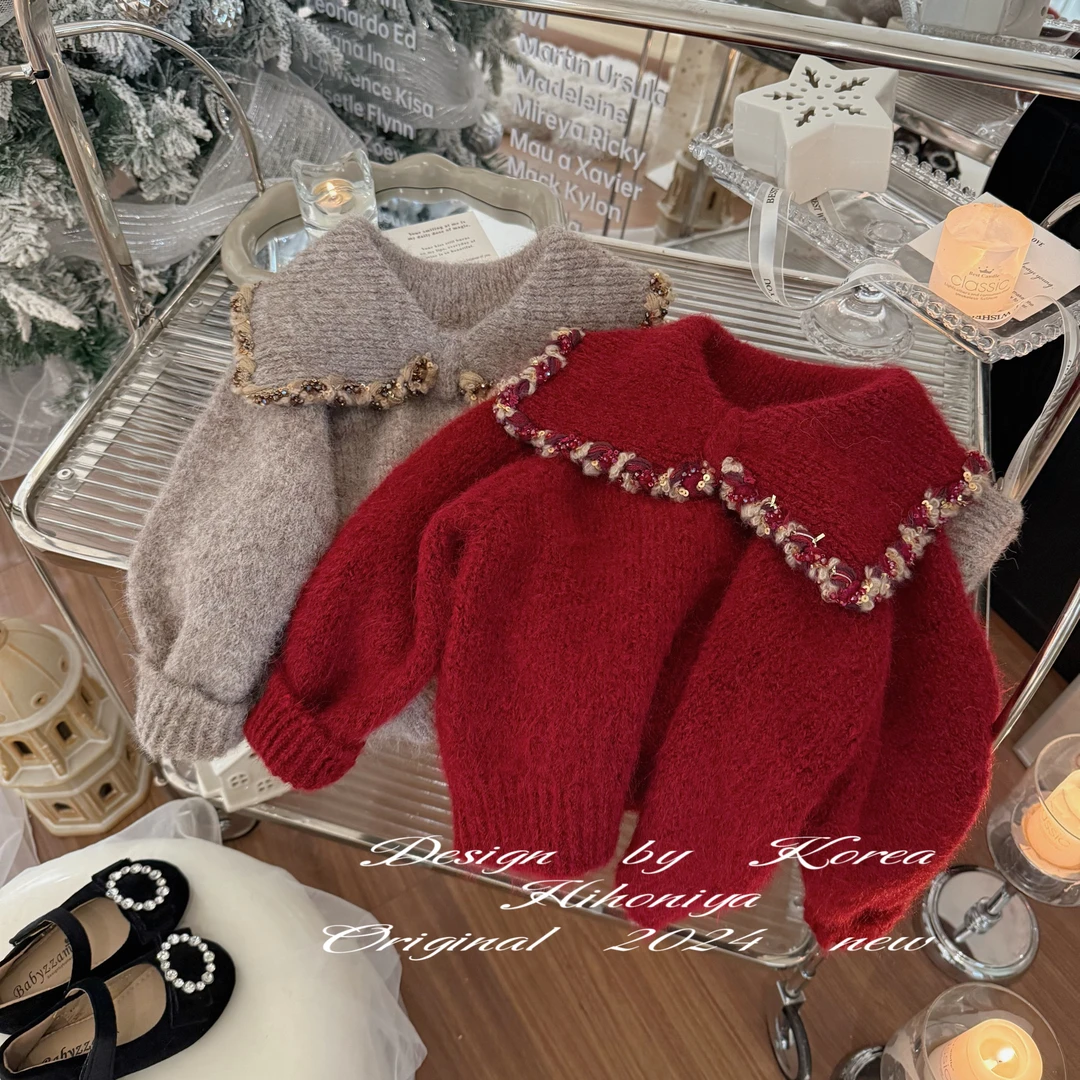 Q【锦上添花】二Hihoniya~2024冬季亲子款海军领亮片韩版重工毛衣