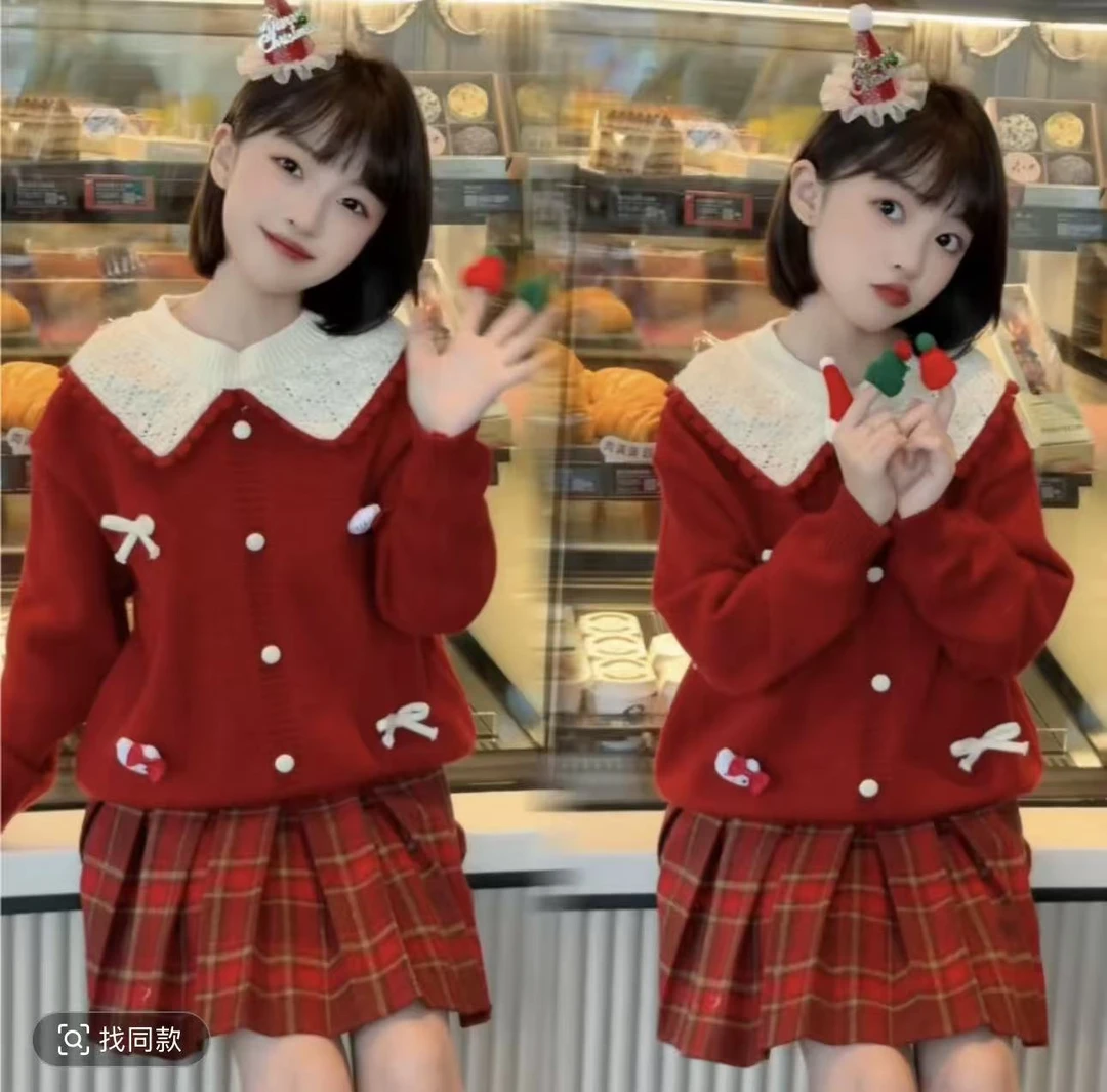 女童加厚套装裙子秋冬年服毛衣新款中大童冬装红色内搭上衣百褶裙