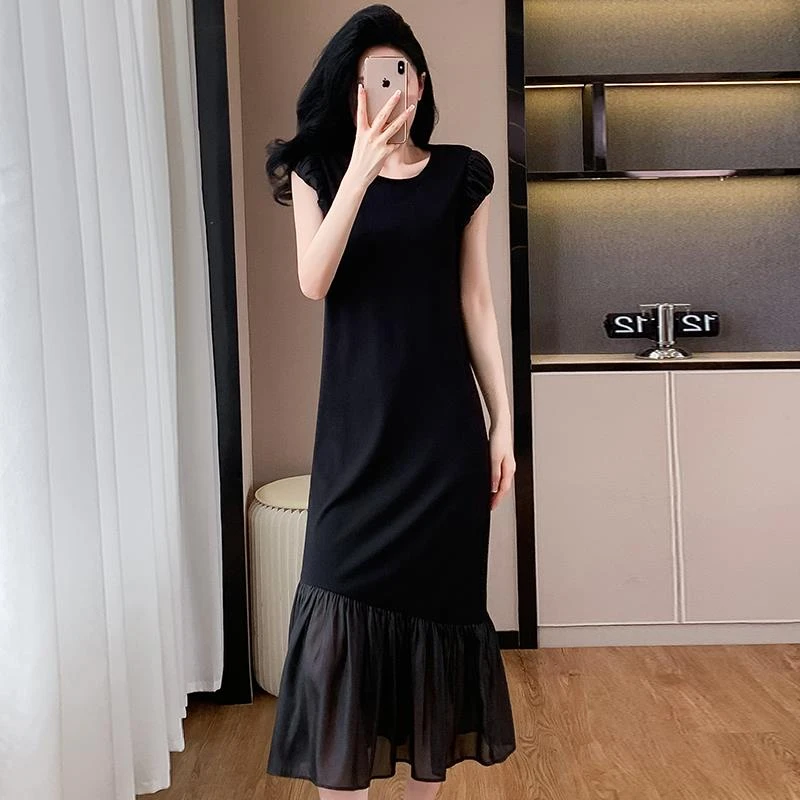 夏季2025新款气质垂坠感短袖连衣裙女高级感拼接网纱显瘦黑色裙子