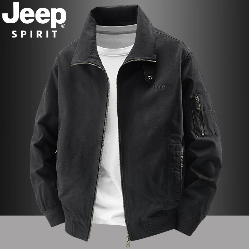 JEEP吉普夹克男士春秋季纯棉休闲百搭中年男装外套宽松翻领上衣服