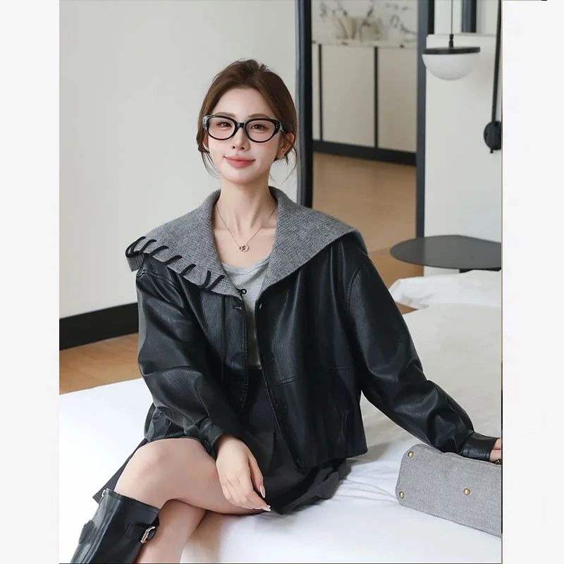 早秋新款设计感海军领皮衣夹克女休闲显瘦短款外套2570