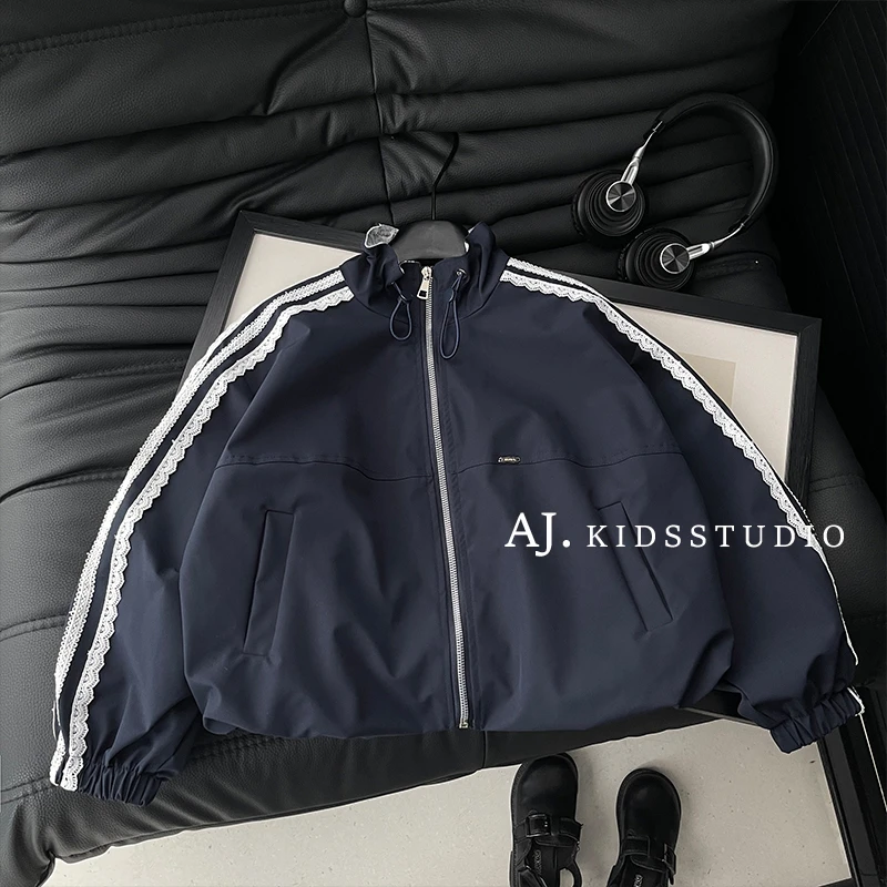 Q【现货】阿卷春装儿童韩版撞色蕾丝边立领冲锋衣夹克外套MPG5810