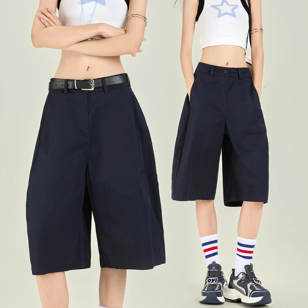 工装短裤女夏季薄款2025新款中裤运动高腰显瘦阔腿宽松百搭五分裤