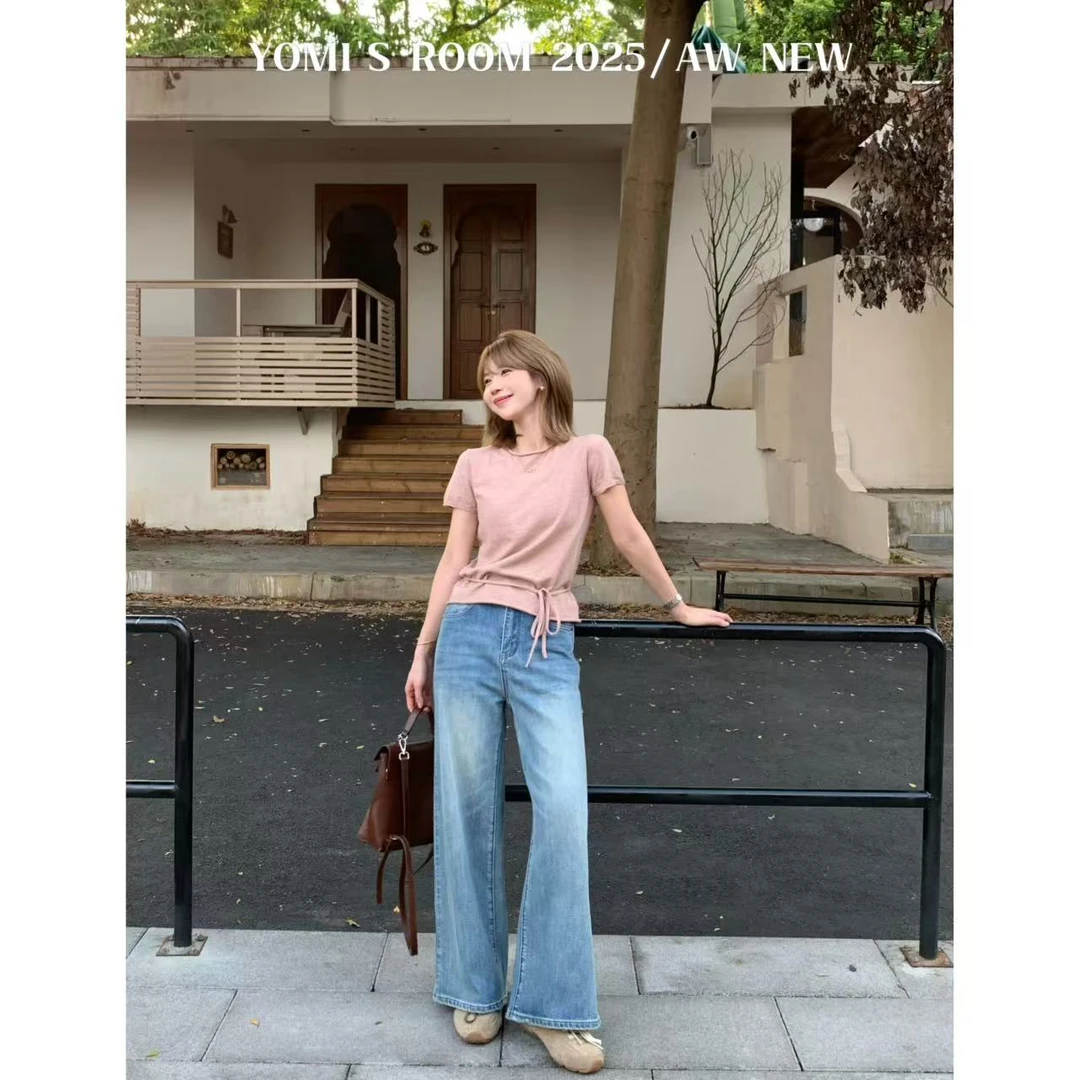 YOMI小个子【秋季神裤】复古蓝高腰直筒牛仔裤秋季阔腿休闲裤百搭