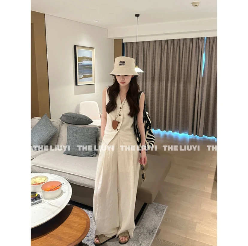 2025夏季亚麻老钱风套装女v领无袖背心夏季阔腿裤两件套2562