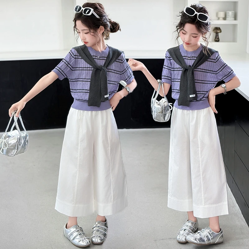 女童夏装套装韩系百搭学院风针织衫小披肩6-12岁潮款高级感两件套