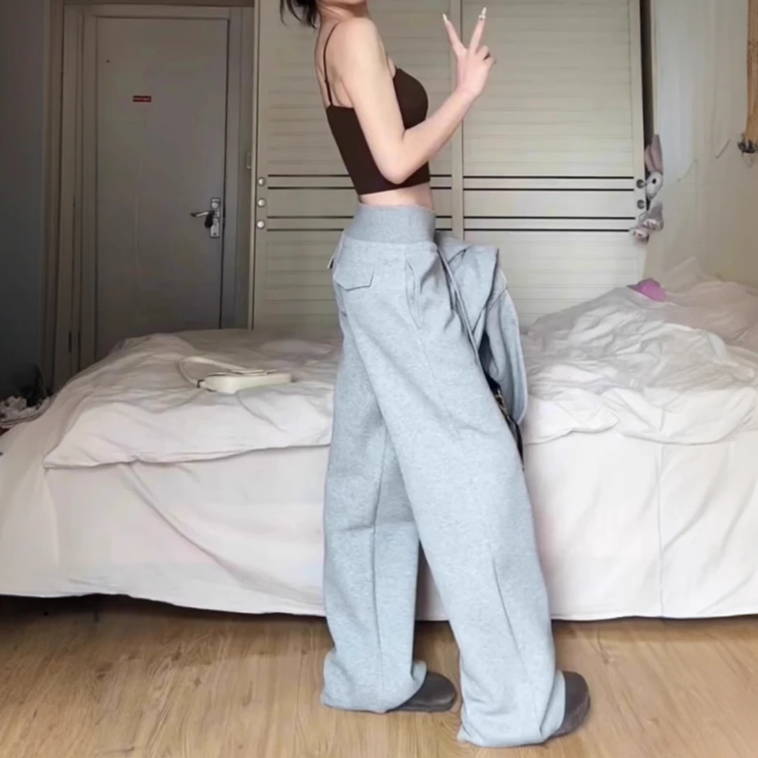 美式灰色阔腿卫裤女2025年夏季抽绳宽松直筒慵懒垂感拖地休闲裤子