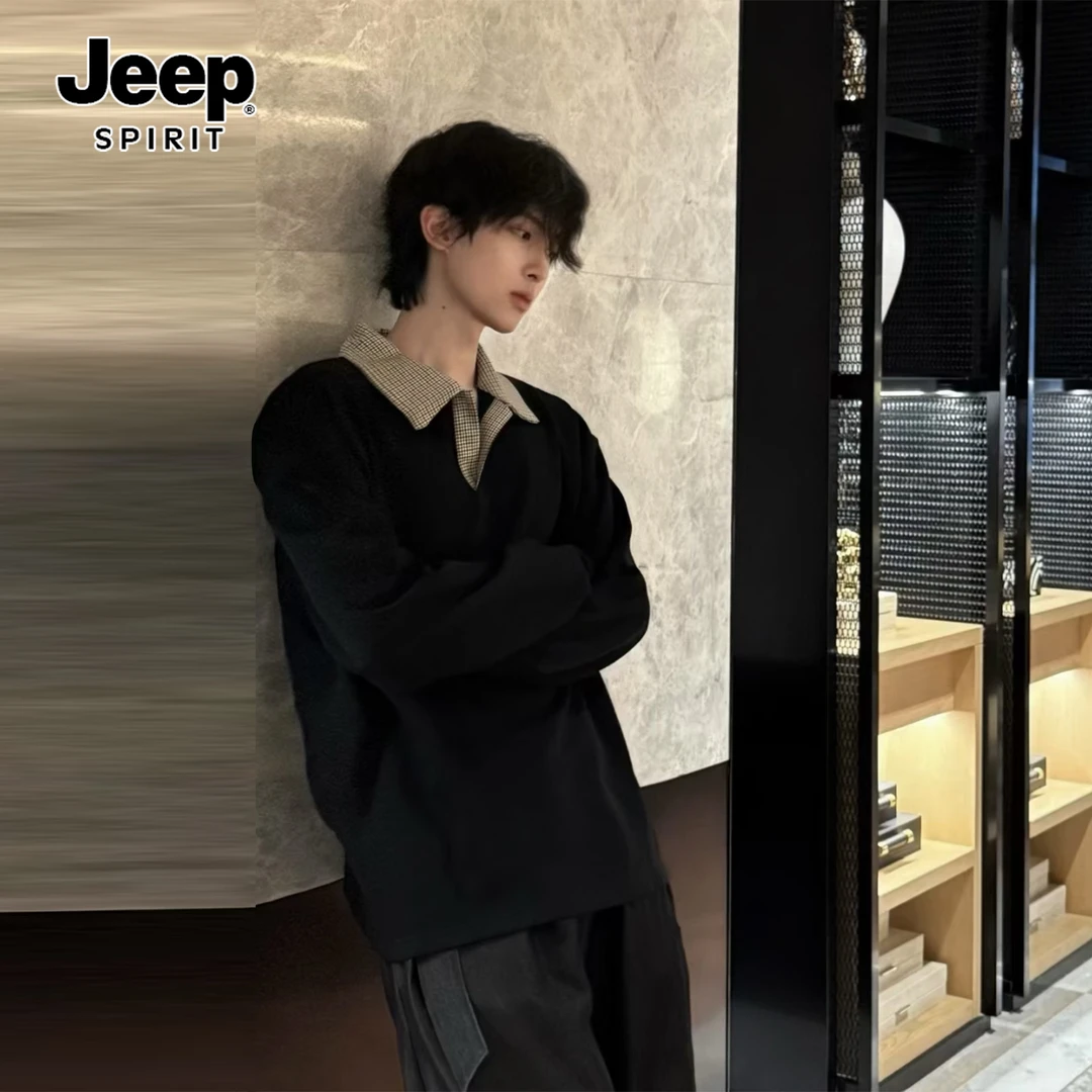 JEEPSPIRITcleanfit千鸟格翻领polo衫男秋美式高街正肩假男生穿搭