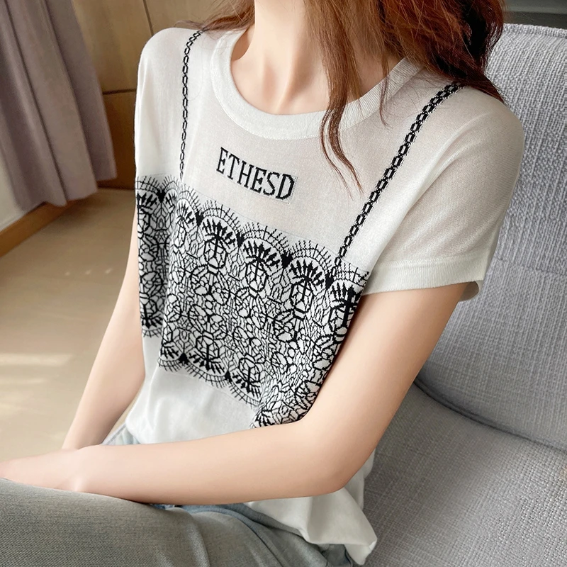 莱赛尔天丝圆领短袖打底衫女立体钩花宽松显瘦百搭镂空天丝针织衫