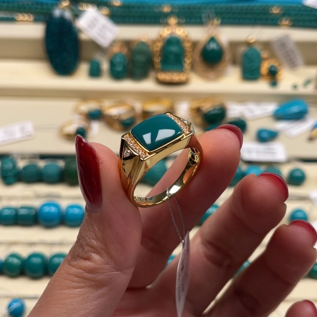 18K金镶嵌绿松石珠宝奇石戒指