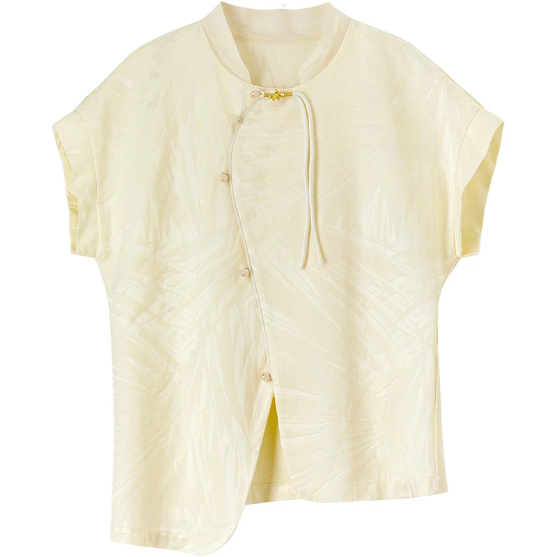 新中式定制盘扣点缀不规则下摆国风棉质人丝提花面料衬衫55148