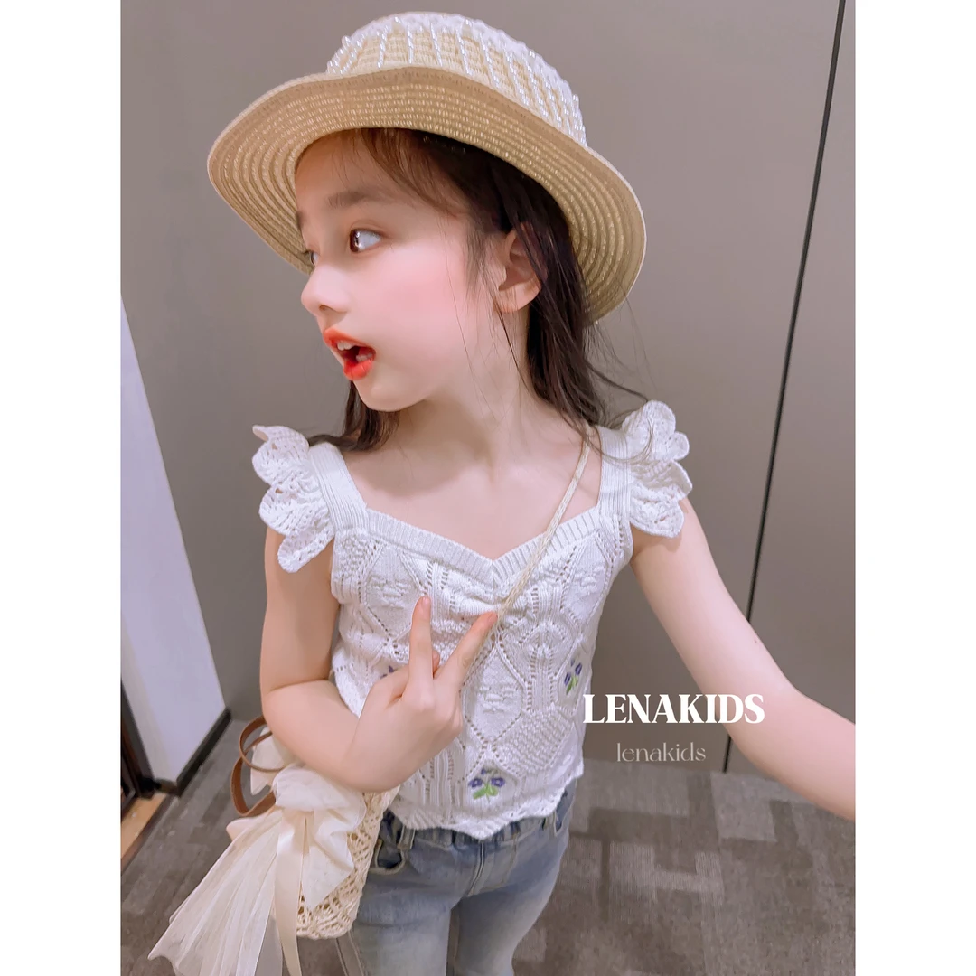 Lenakids【现货】手工钩花针织飞飞袖纯棉上衣上衣衬衫24032202