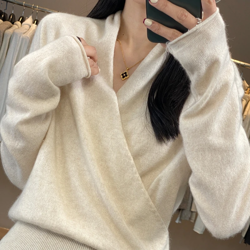 2025新款女装纯色常规宽松秋冬衫长袖不褪色女V领针织羊毛杉
