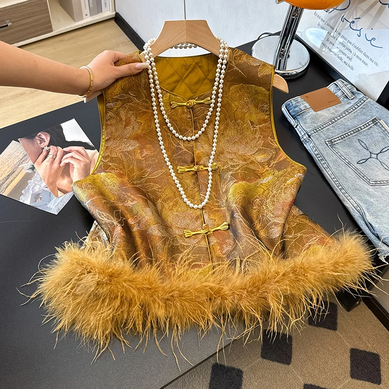 【加棉加厚】新中式轻奢国风刺绣鸵鸟毛马甲女2025秋冬新款百搭上衣