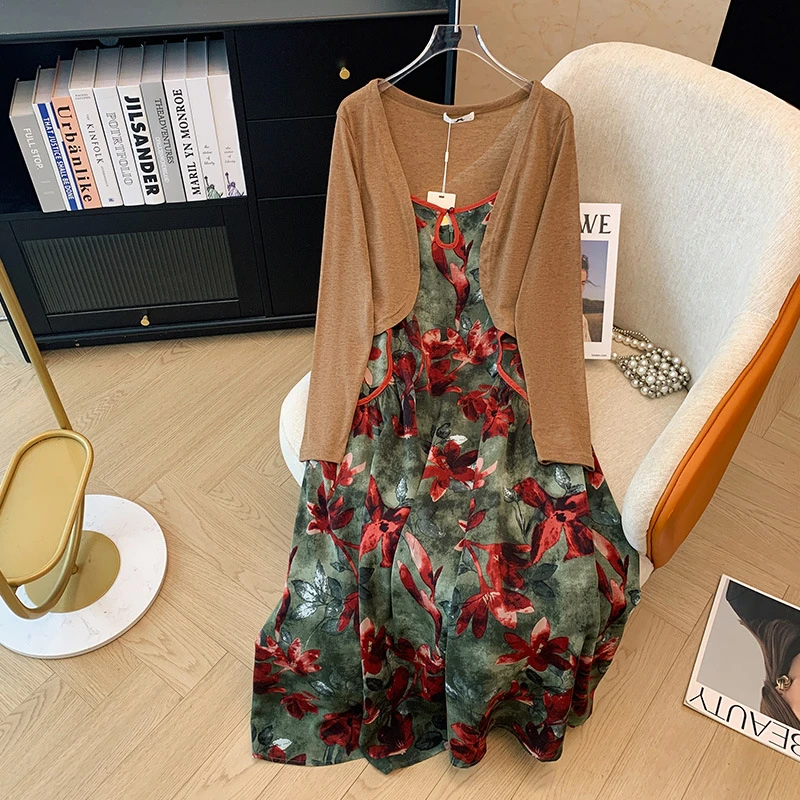【现货66461】300斤大码女装胖mm吊带连衣裙+开衫套装港风春秋新款