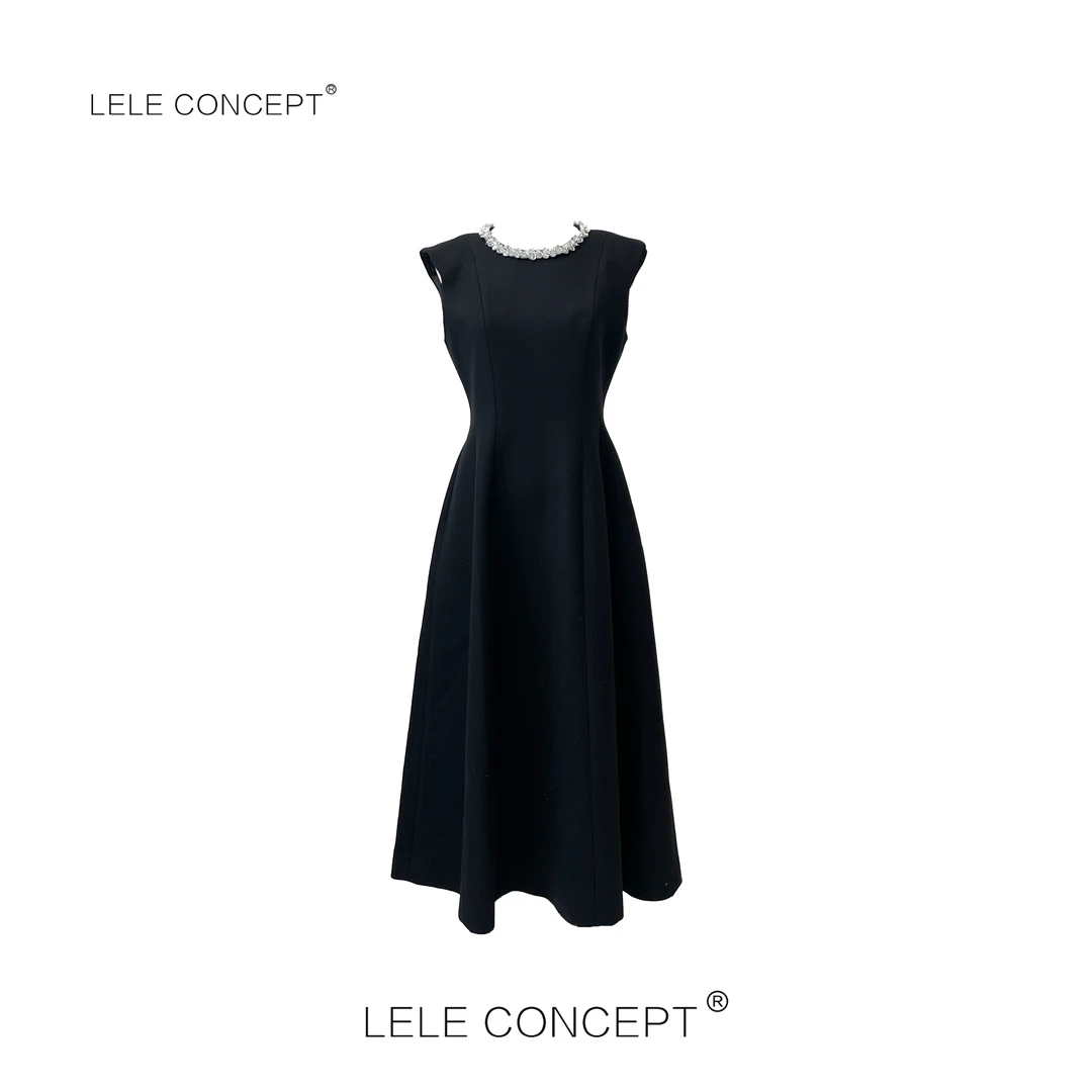 LELE CONCEPT｜「如一」收腰钉珠赫本风连衣裙显瘦气质无袖Q0467