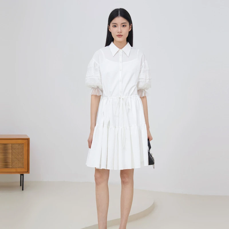 S·DEER圣迪奥女装翻领蕾丝收腰吊带套装优雅时尚连衣裙S23261225