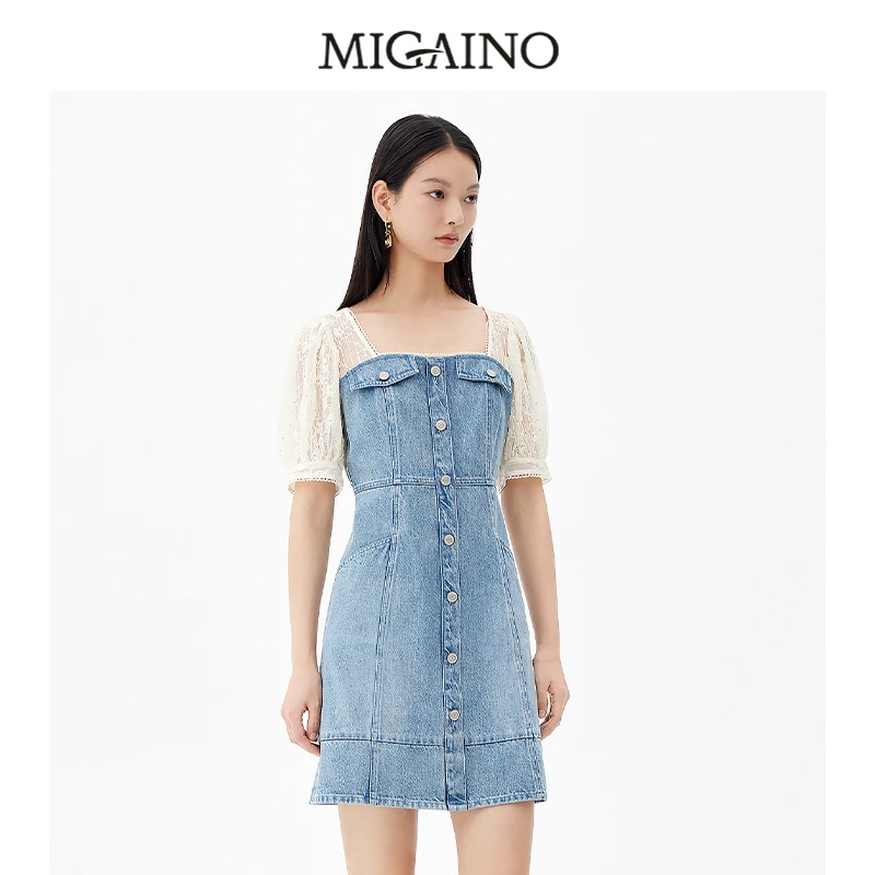 曼娅奴夏季新款商场同款牛仔拼接时尚气质连衣裙MM22DJ408