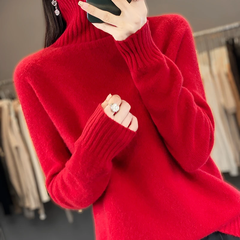 100%纯羊毛衫女高领加厚长袖纯色毛衣宽松羊毛针织打底衫韩版上衣