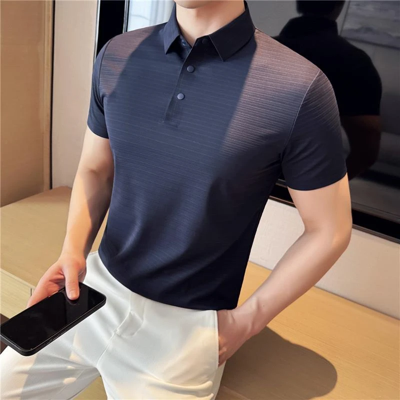 CATIA SELI薄款短袖POLO衫男士夏季高级冰丝弹力无痕压胶翻领T恤