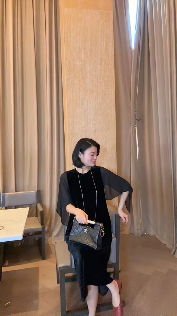 TANTAN   真丝丝绒 气质时尚拼接网纱连衣裙1949