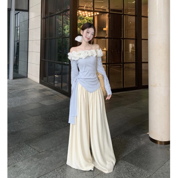 温柔风套装女气质不规则一字肩长袖T恤上衣春季垂感休闲裤两件套