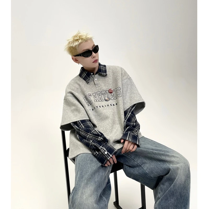 韩式300斤特大码撞色格子拼接POLO衫早秋男女学院风假两件长袖T恤