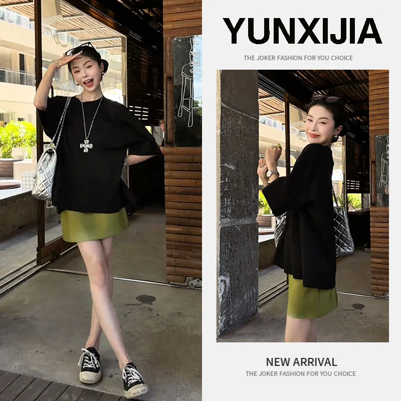 2025夏季新款时尚简约宽松轻熟风百搭短袖上衣短裙两件套