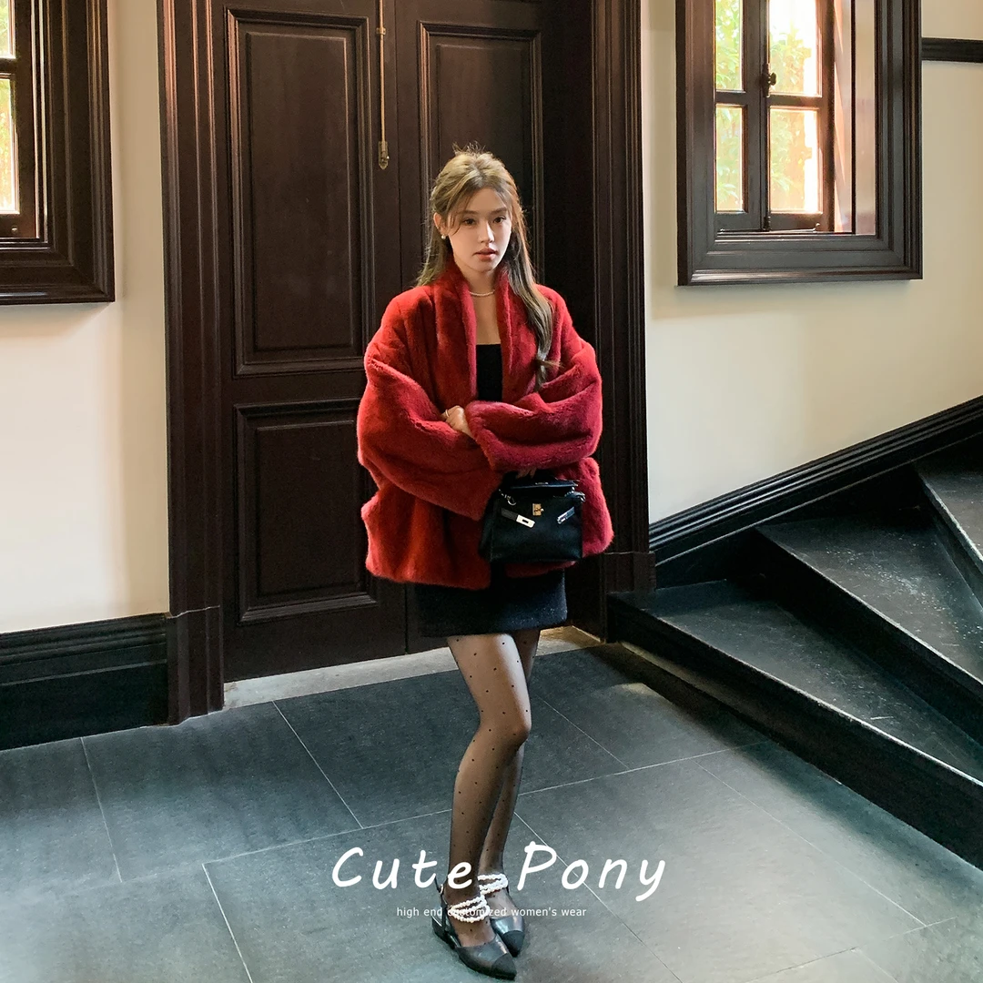 Cute Pony进口天鹅绒水貂皮草女整貂青果领貂皮大衣时尚休闲外套