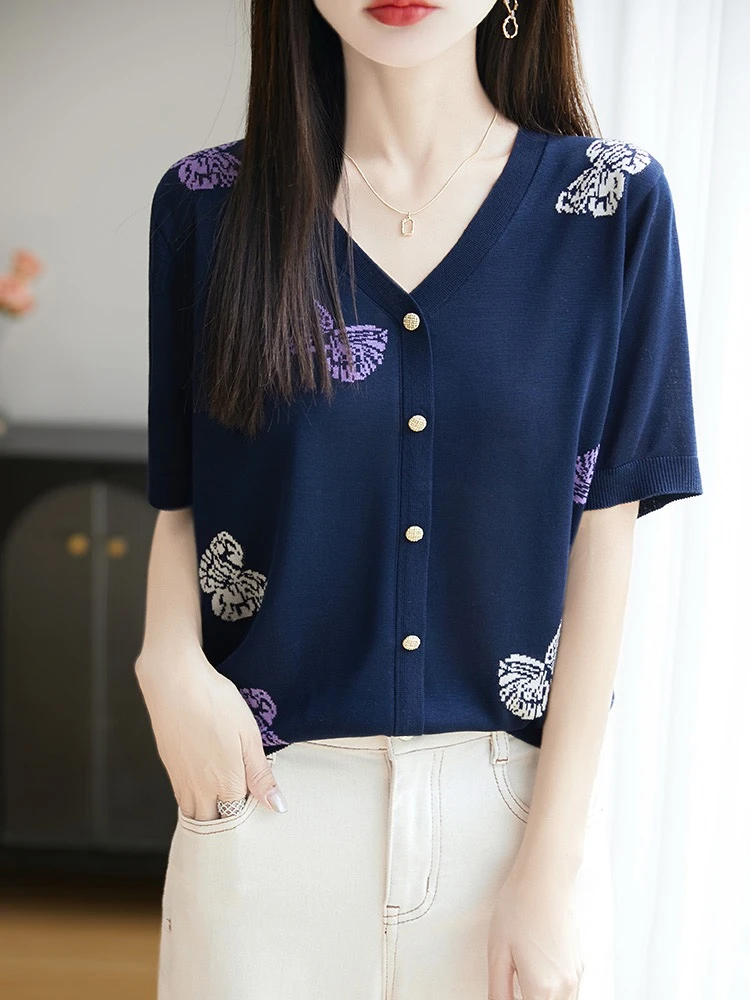 100莱赛尔天丝-夏季女士蝴蝶提花带扣针织开衫短袖N