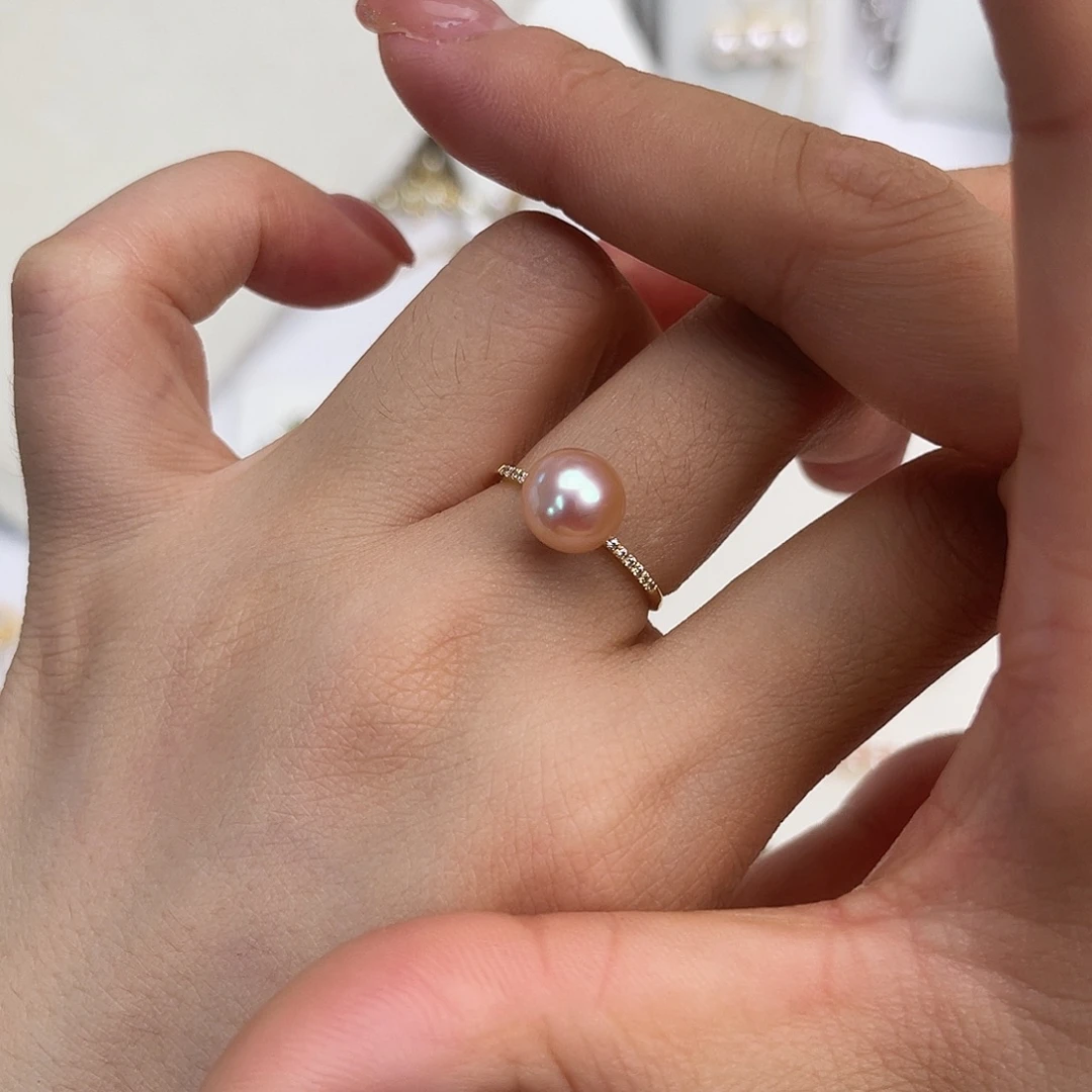 淡水珍珠戒指18K金镶嵌10mm