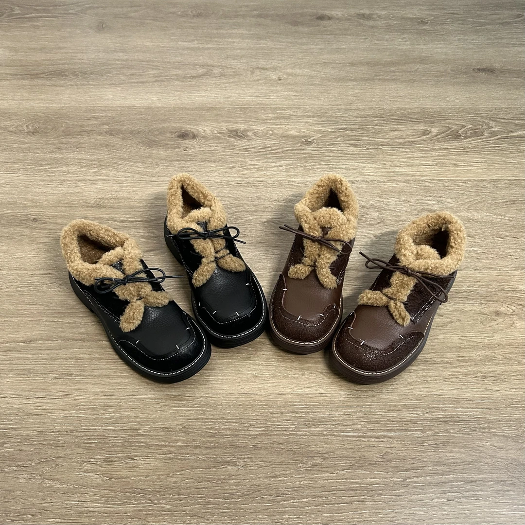 Dannyfrey秋冬新款复古系带头层牛皮深口百搭拼接加厚女棉鞋3.5CM