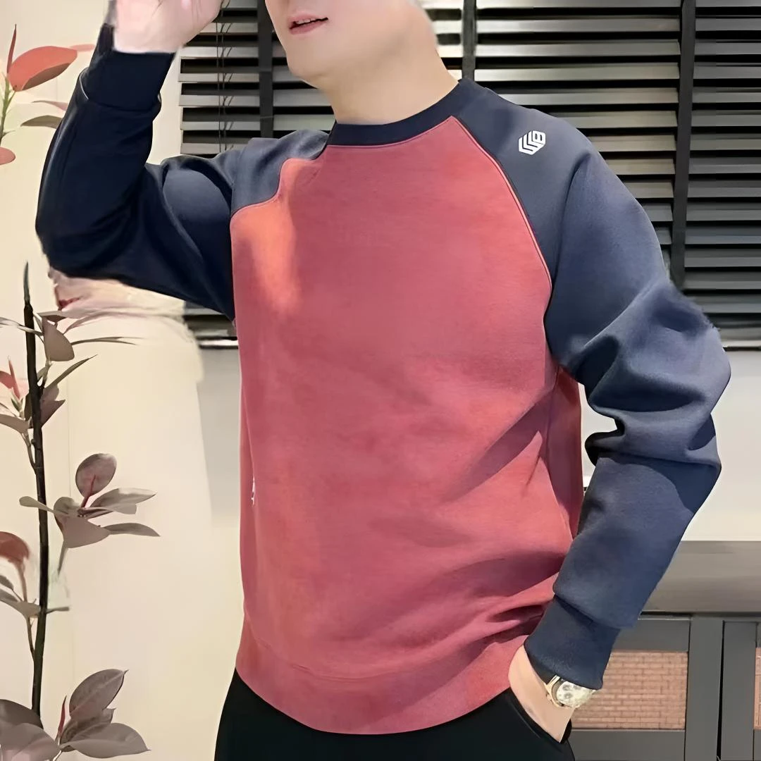 秋季新款插肩袖拼接撞色圆领卫衣男时尚百搭宽松情侣长袖打底上衣