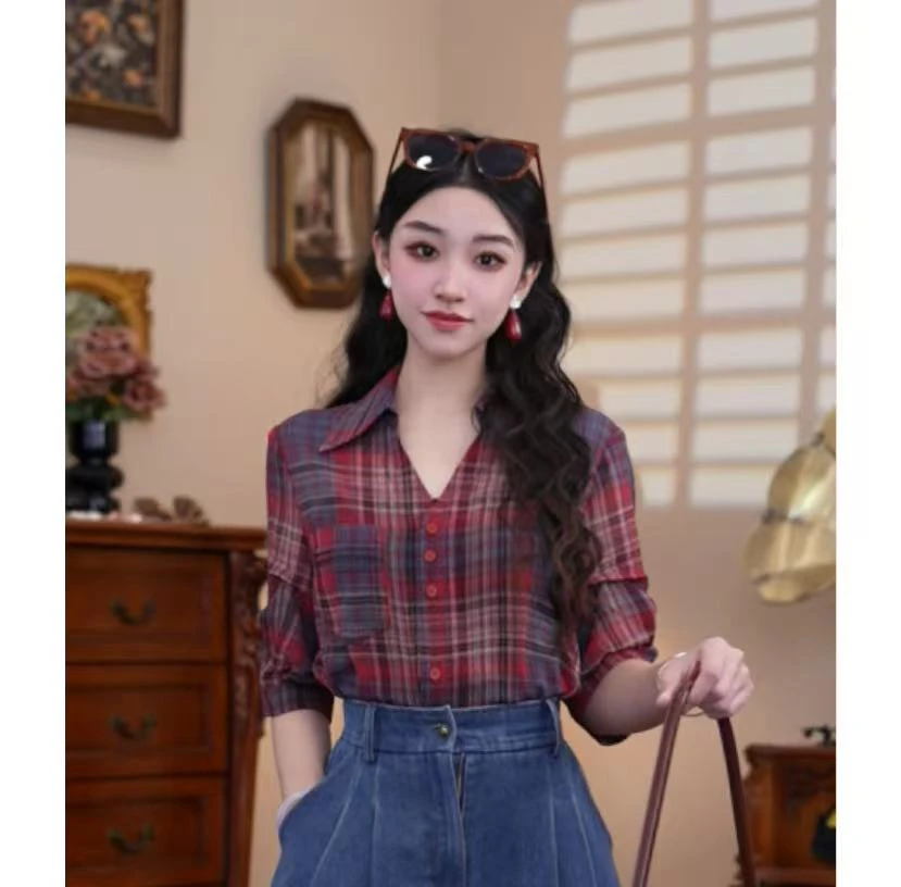 富贵【复杂方格】港味复古时尚气质短袖上衣02679