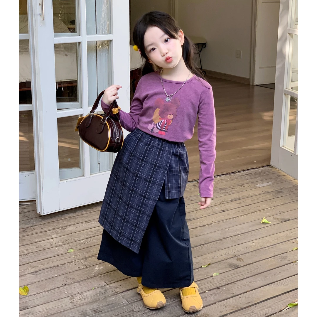 90-140女童紫色T恤+棉布裤+屁帘裙子